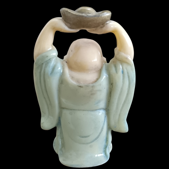 Set of 6 Vintage "Laughing Buddha" Figurines in Cream (Faux Ivory) and Blue - Picture 7 of 13